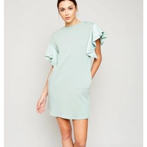 Asymmetrical Shoulder Ruffle Shift Dress